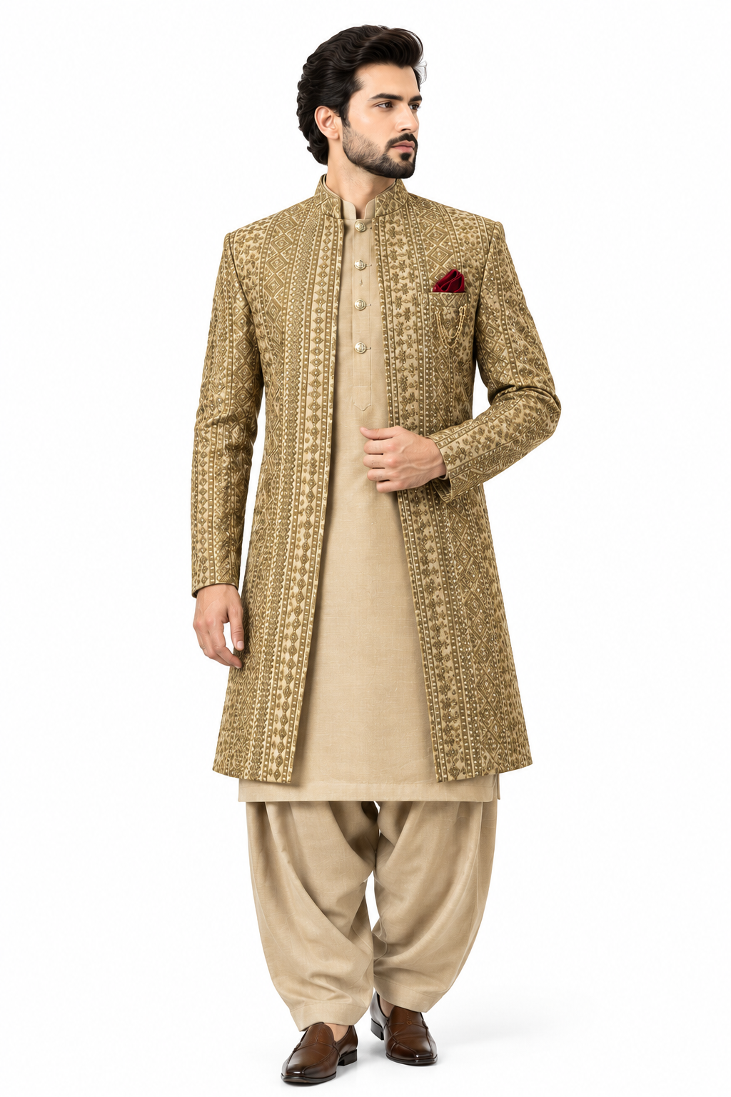 Al Javeir Men's Gold Embroidered Sherwani with Beige Shalwar Kameez Al Javeir Men's Gold Embroidered Sherwani with Beige Shalwar Kameez